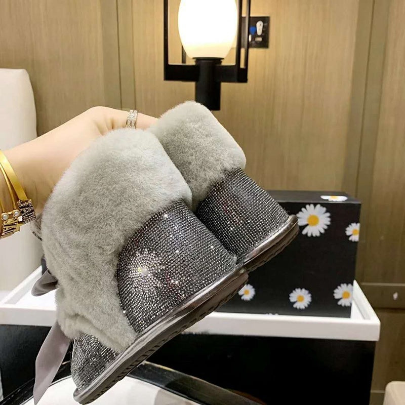 Mineral Grey Daisy Crystal Ribbon Shoes – In Stock