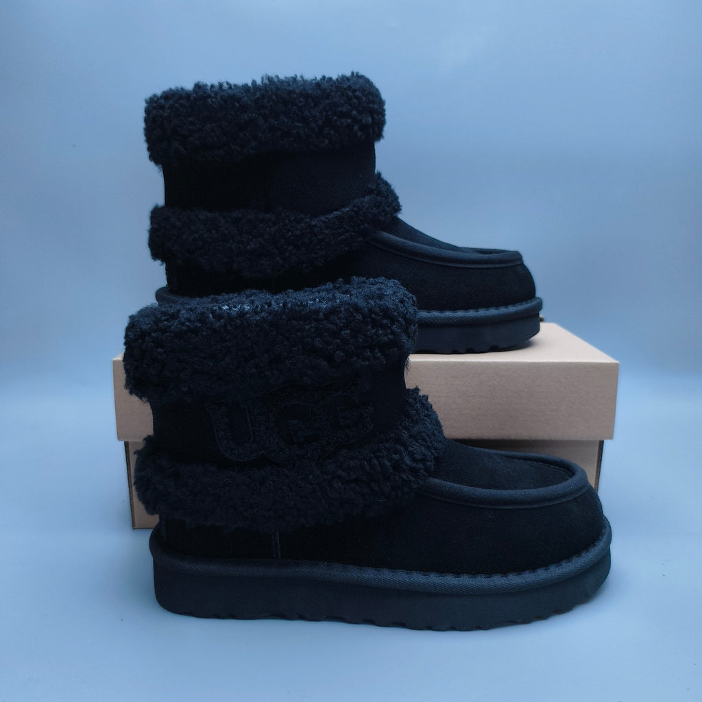 Black Curly Fur Big Logo Mid-Top Trendy Boots – In Stock