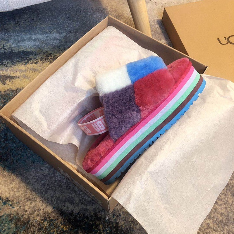Rose Red Color-Block Fluffy Platform Sandals – In Stock