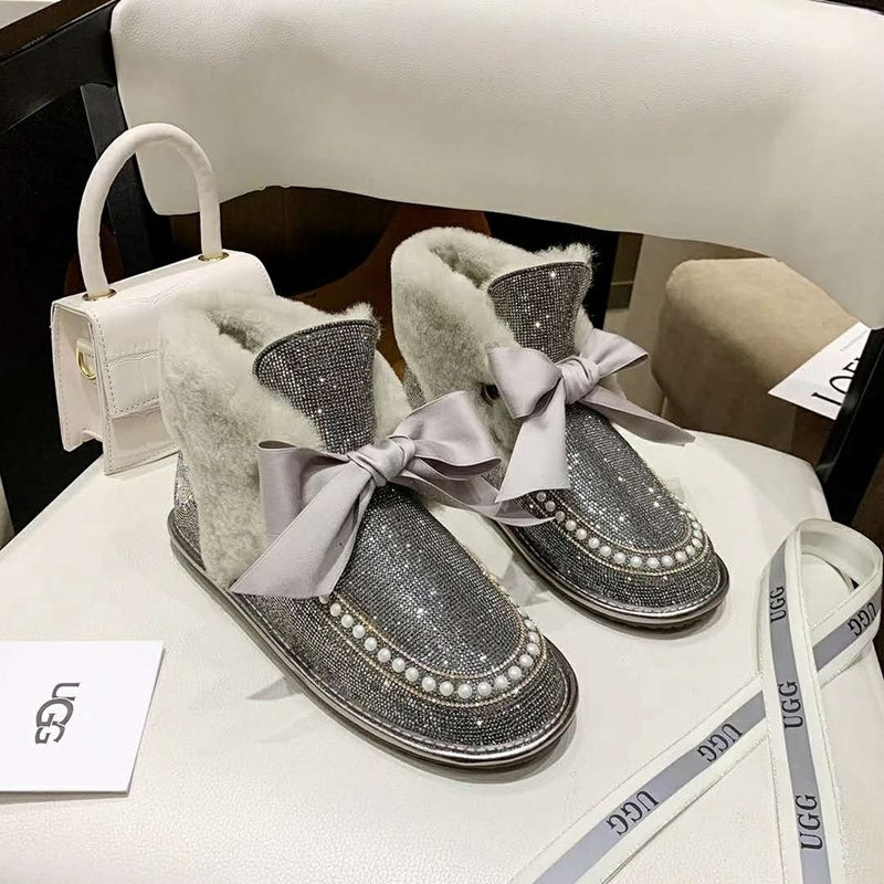 Mineral Grey Daisy Crystal Ribbon Shoes – In Stock