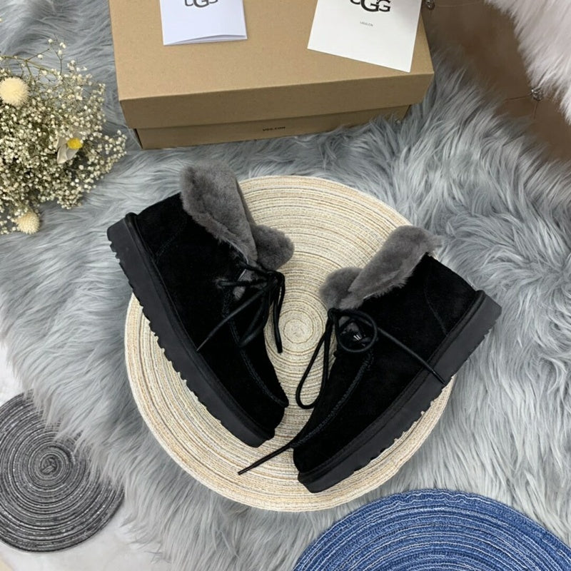 Black Faux Fur Lace-Up Ankle Boots – In Stock