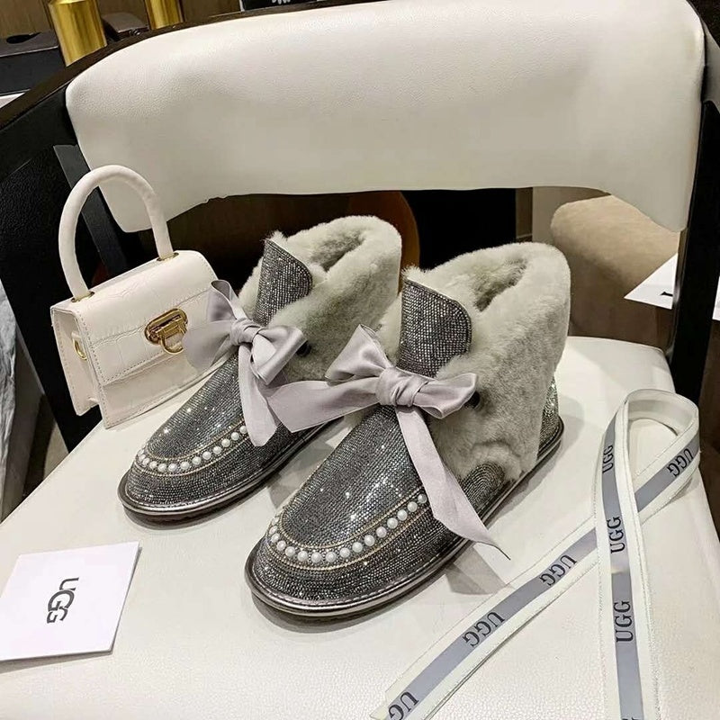Mineral Grey Daisy Crystal Ribbon Shoes – In Stock