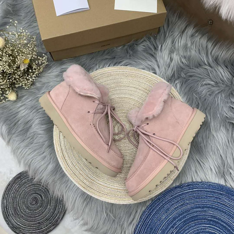 Pink Faux Fur Lace-Up Ankle Boots – In Stock