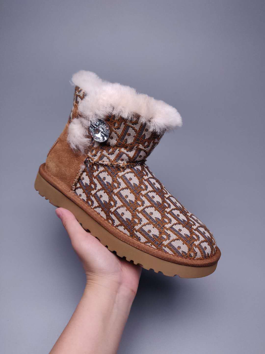 Chestnut Dior-Style Textile Pattern Boots – In Stock