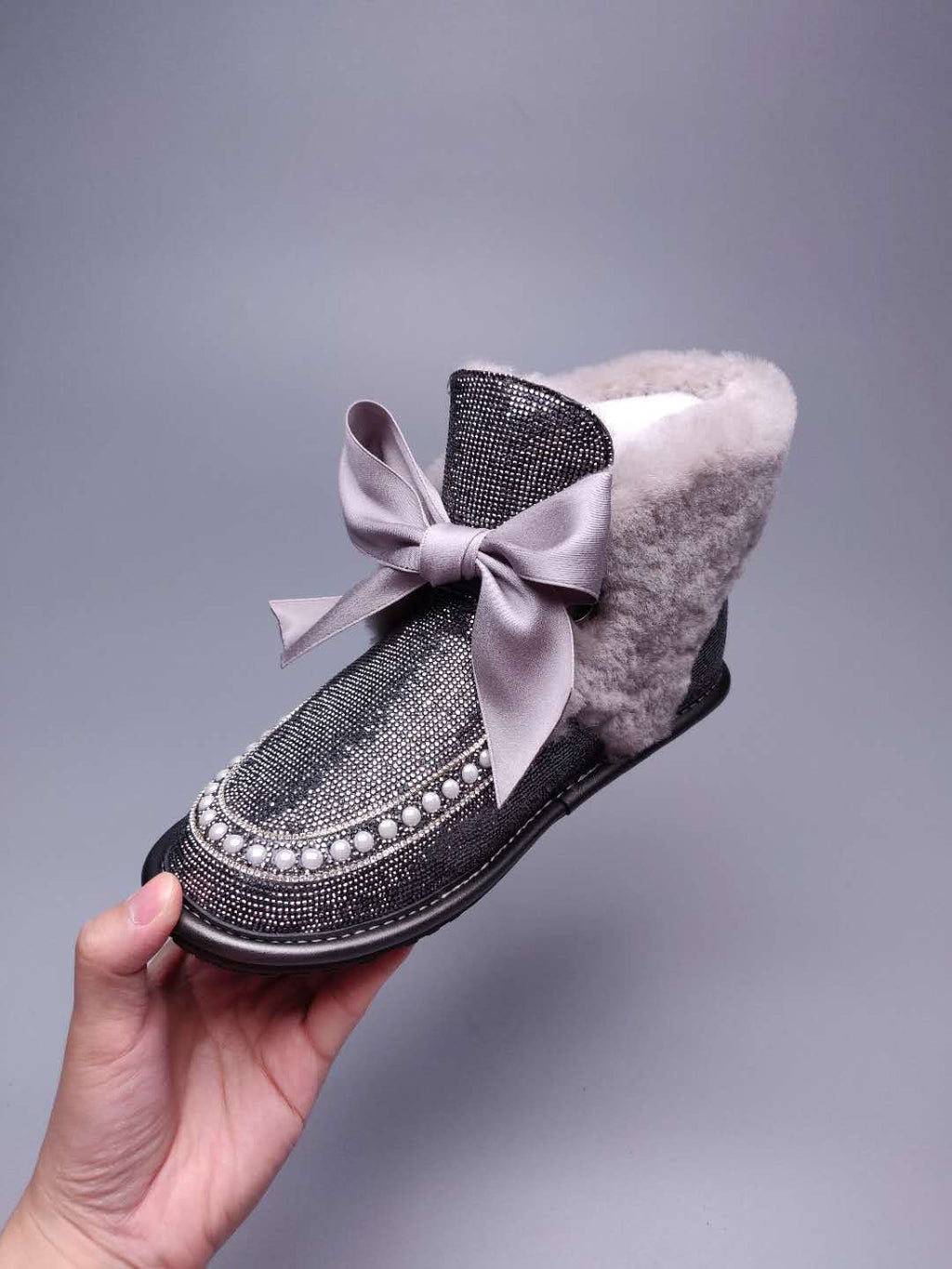 Mineral Grey Daisy Crystal Ribbon Shoes – In Stock