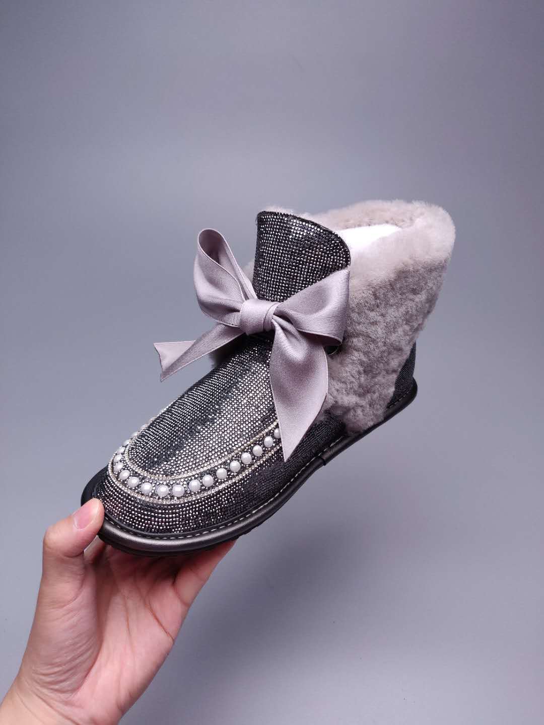 Mineral Grey Daisy Crystal Ribbon Shoes – In Stock