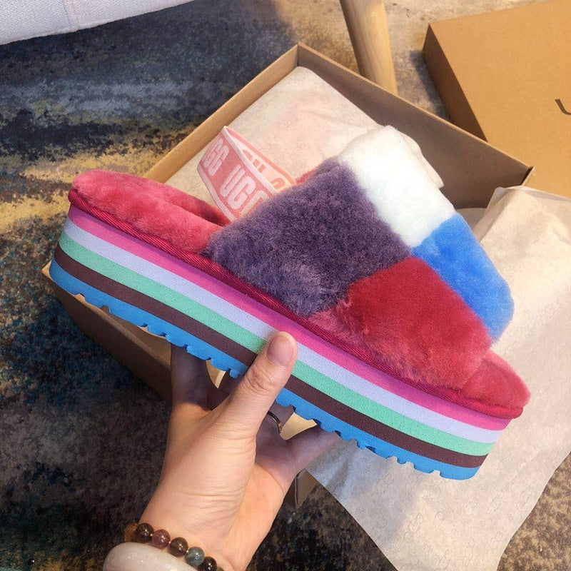 Rose Red Color-Block Fluffy Platform Sandals – In Stock