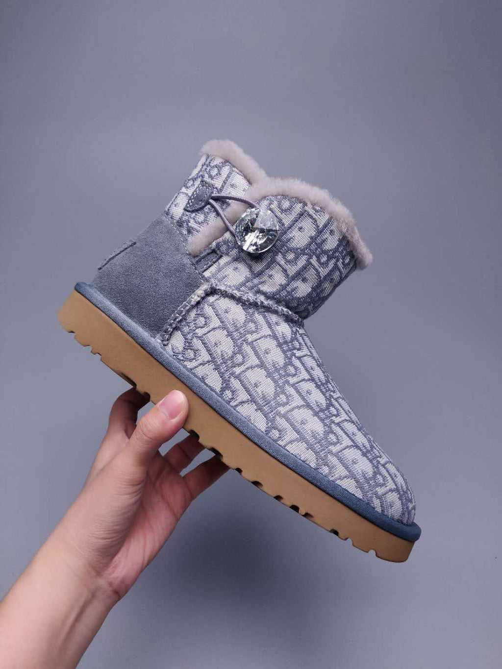 Grey Dior-Style Textile Pattern Boots – In Stock