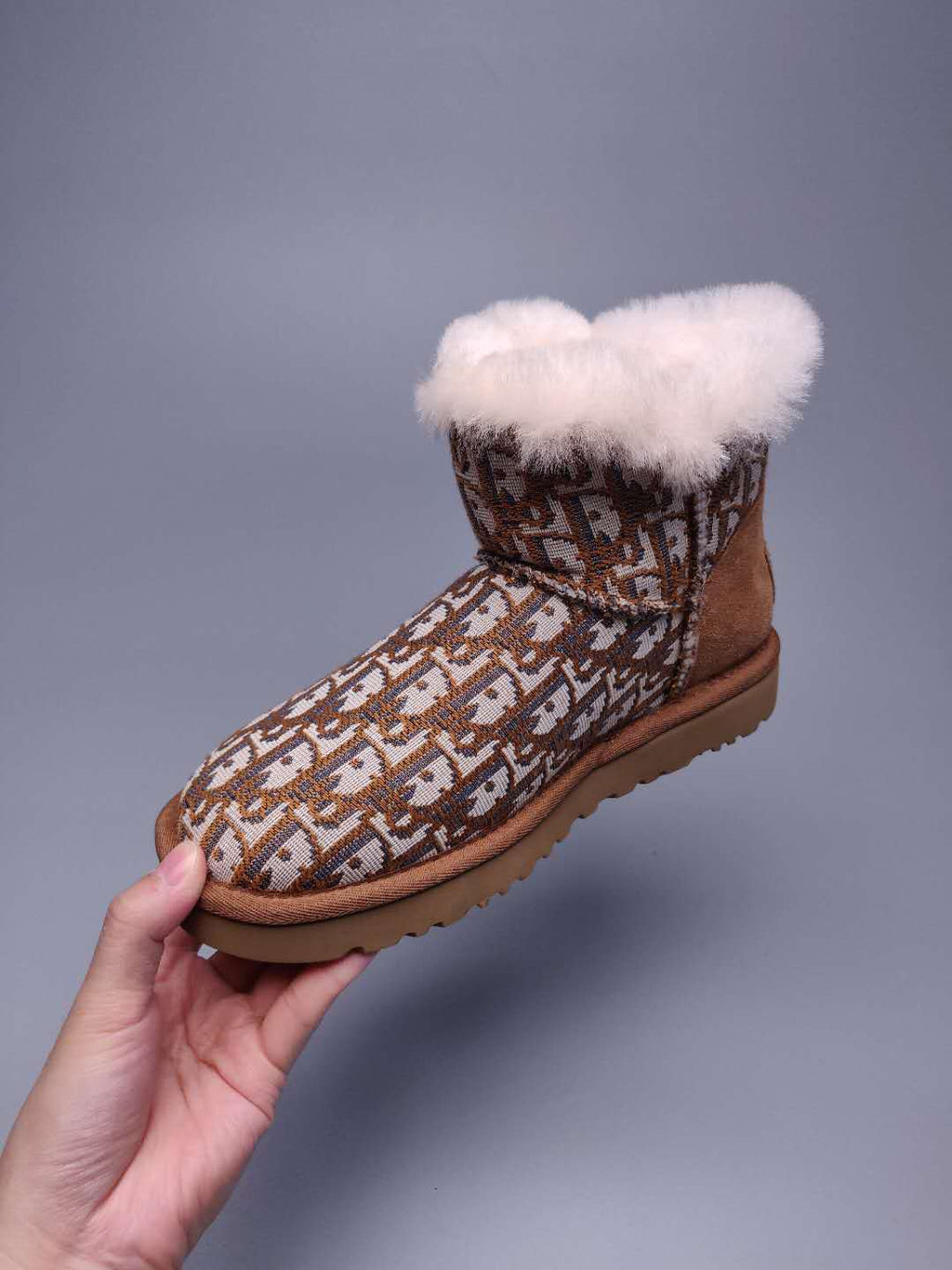 Chestnut Dior-Style Textile Pattern Boots – In Stock