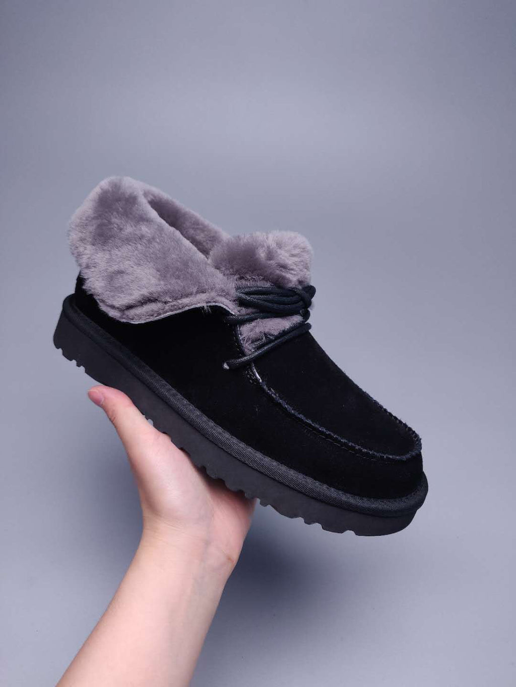 Black Faux Fur Lace-Up Ankle Boots – In Stock