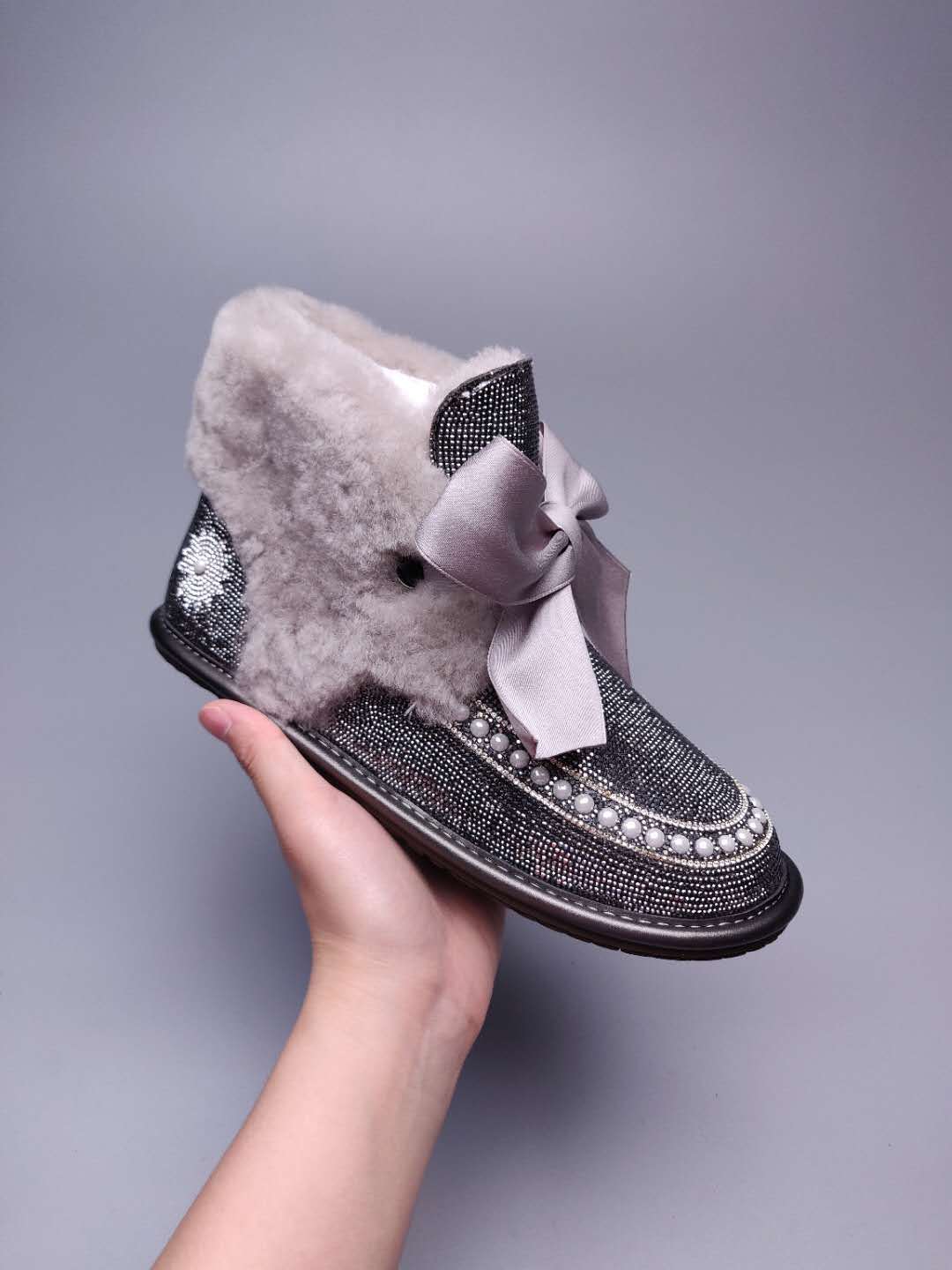 Mineral Grey Daisy Crystal Ribbon Shoes – In Stock