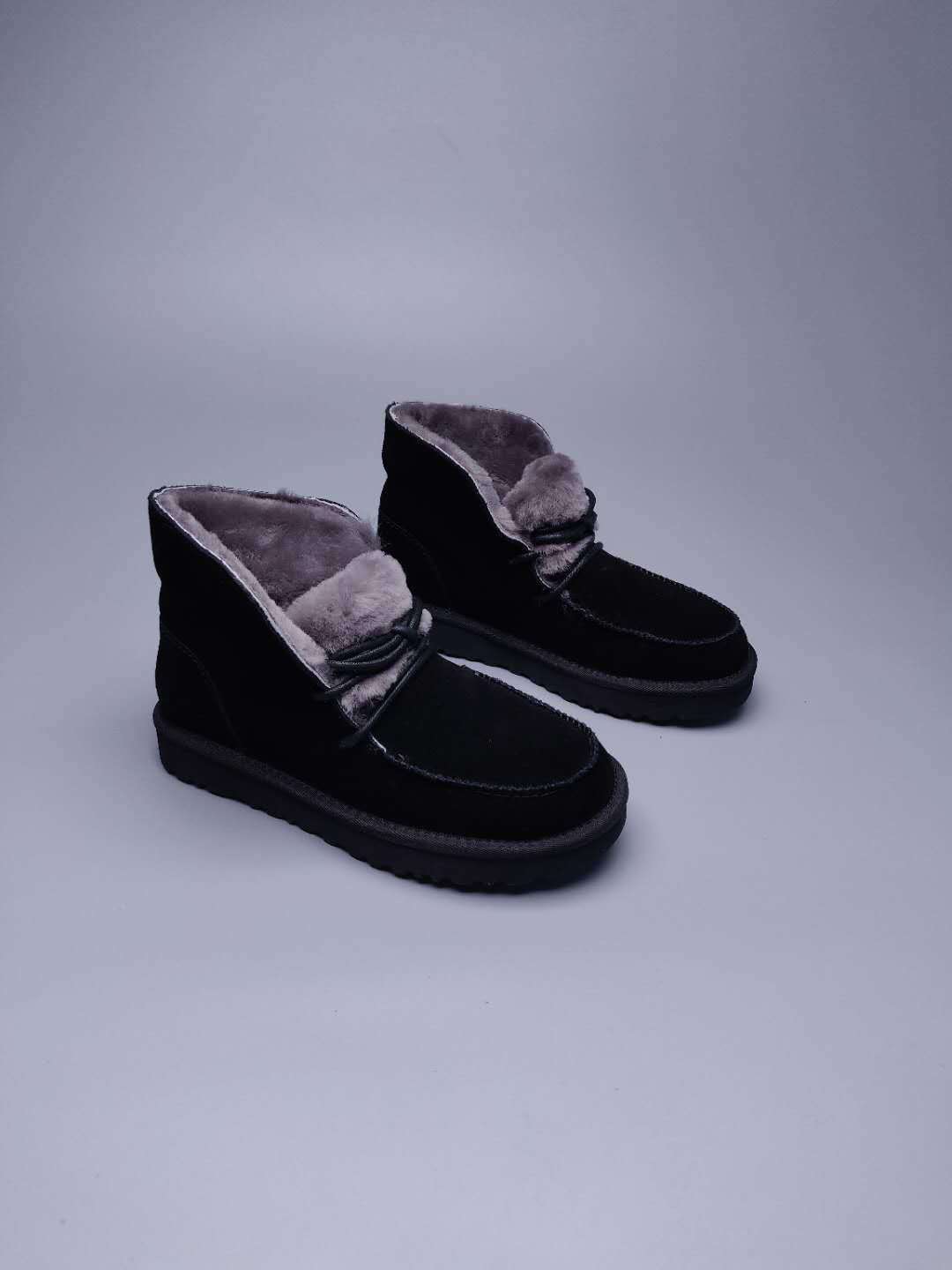 Black Faux Fur Lace-Up Ankle Boots – In Stock