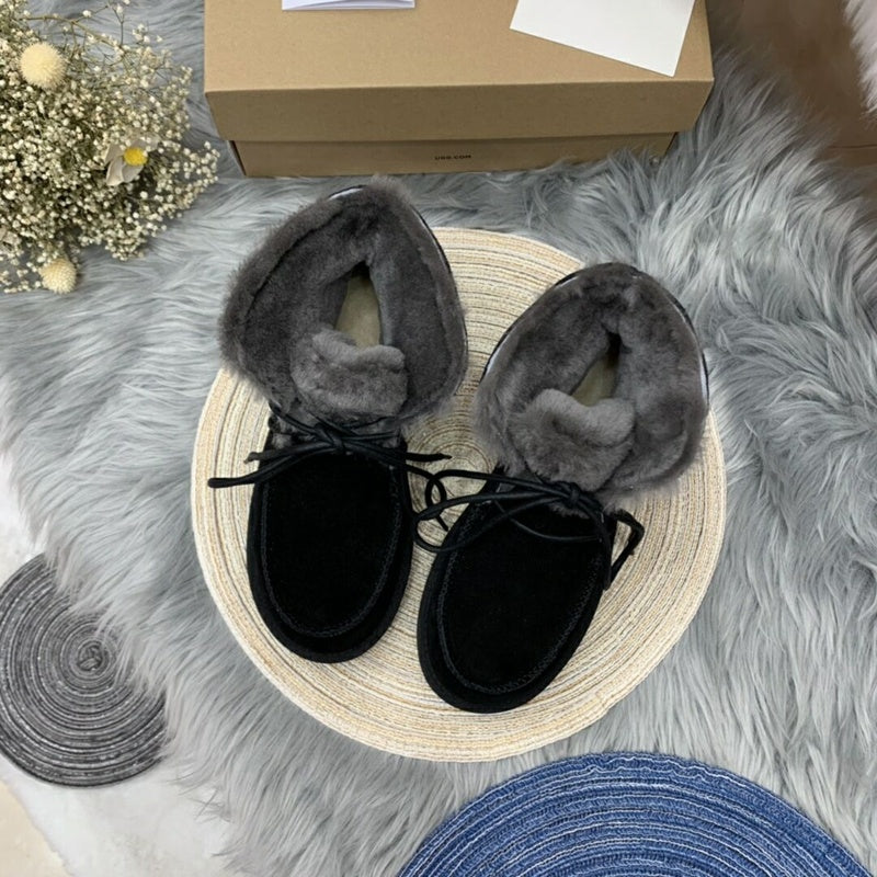 Black Faux Fur Lace-Up Ankle Boots – In Stock