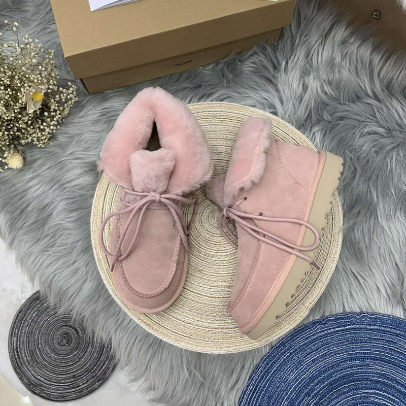 Pink Faux Fur Lace-Up Ankle Boots – In Stock