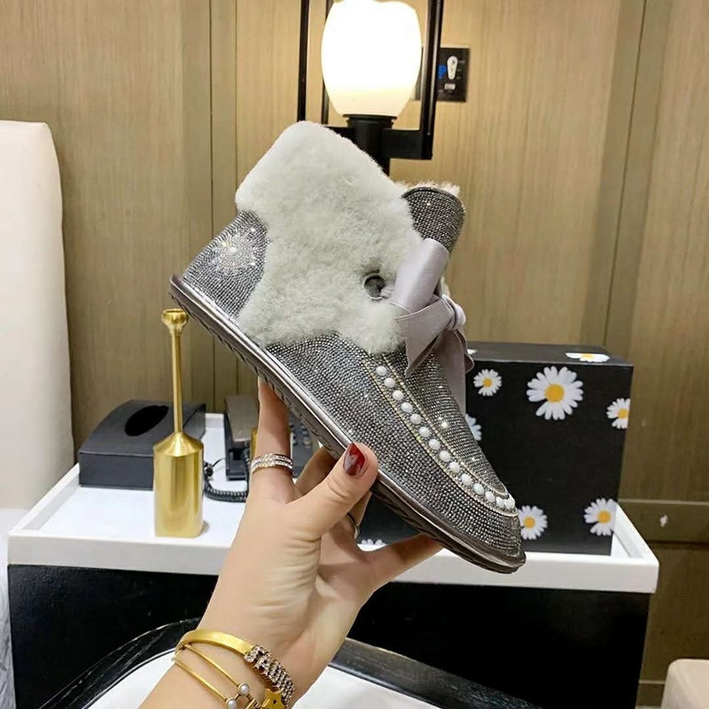 Mineral Grey Daisy Crystal Ribbon Shoes – In Stock