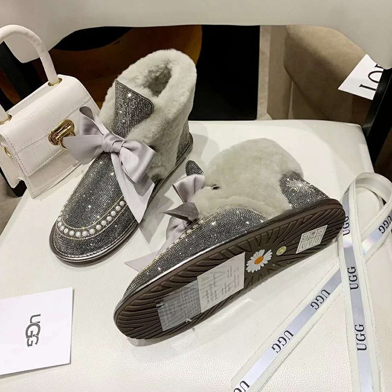 Mineral Grey Daisy Crystal Ribbon Shoes – In Stock