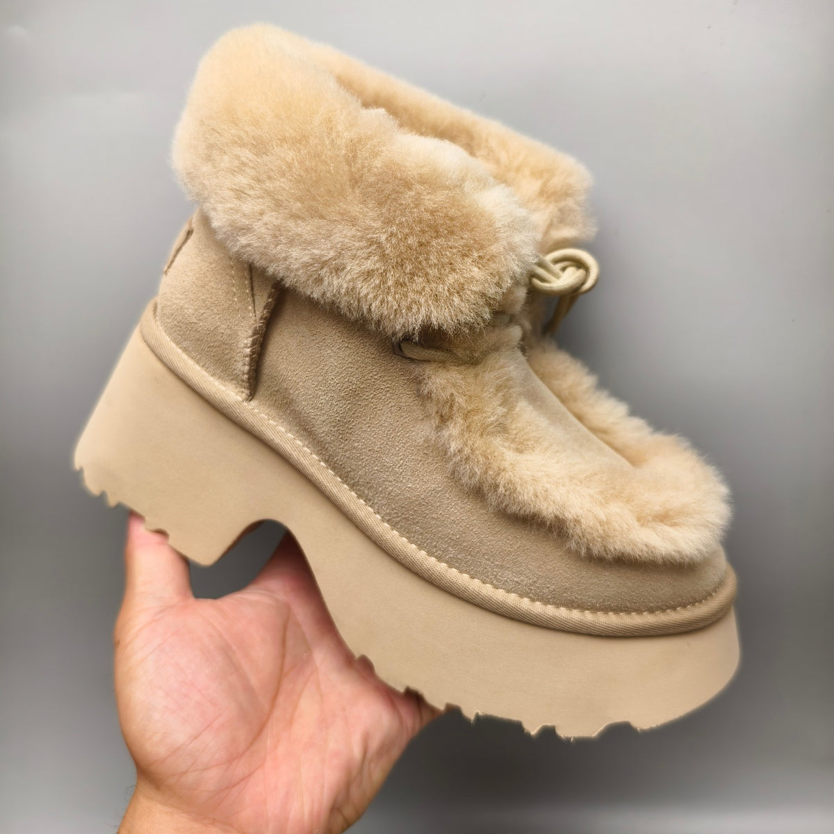 Mustard Esme Wedge Ankle Boots – Fluffy Lace-Up Style | In Stock