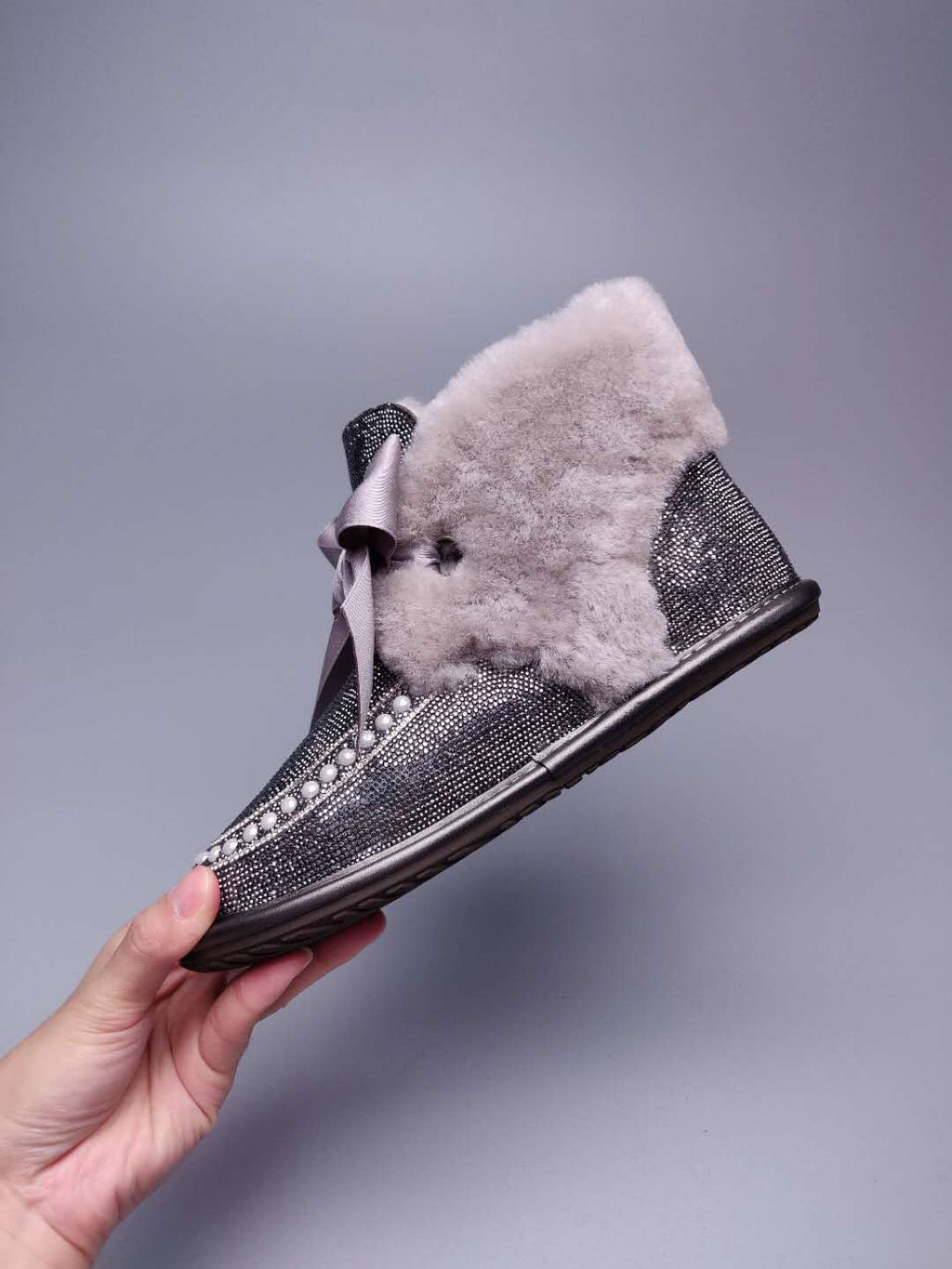 Mineral Grey Daisy Crystal Ribbon Shoes – In Stock