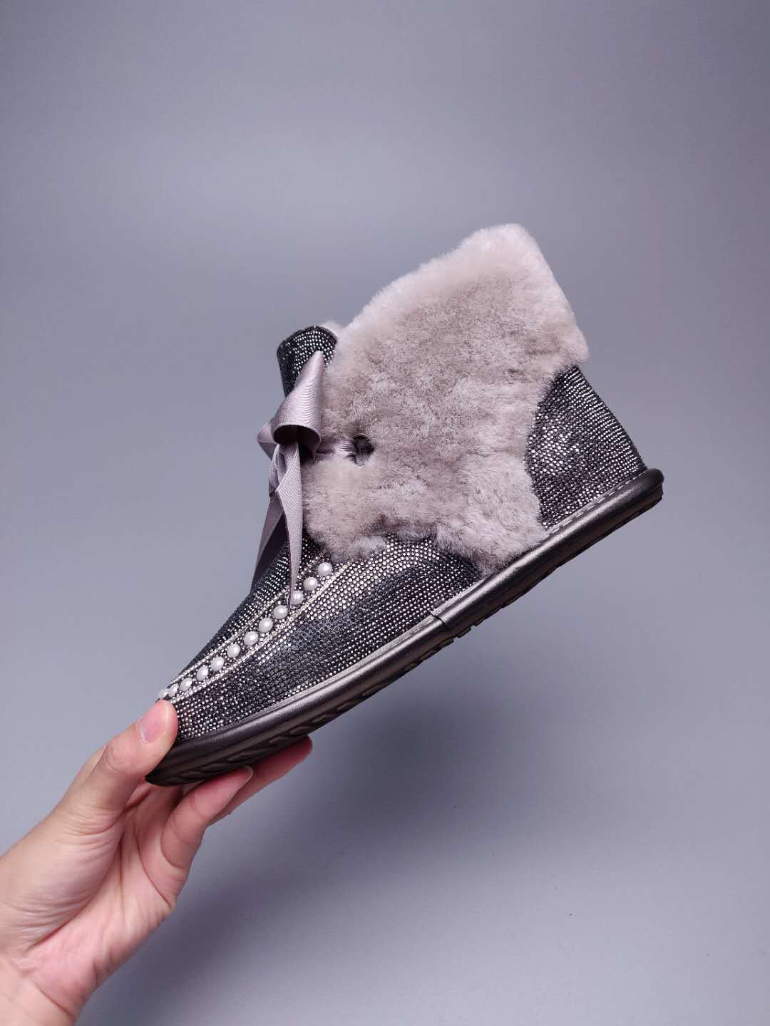 Mineral Grey Daisy Crystal Ribbon Shoes – In Stock