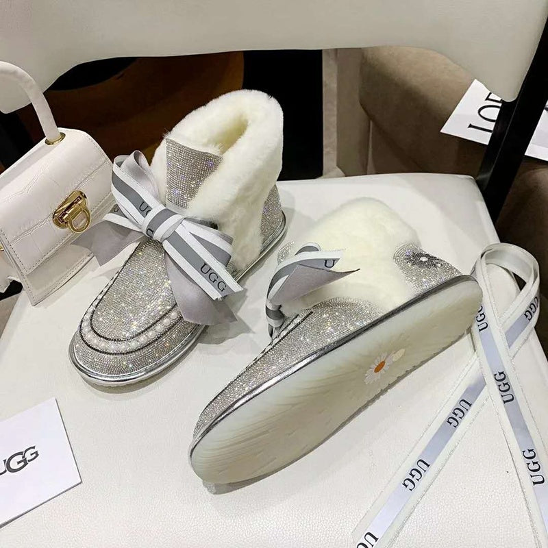 Silver Daisy Crystal Ribbon Shoes – In Stock