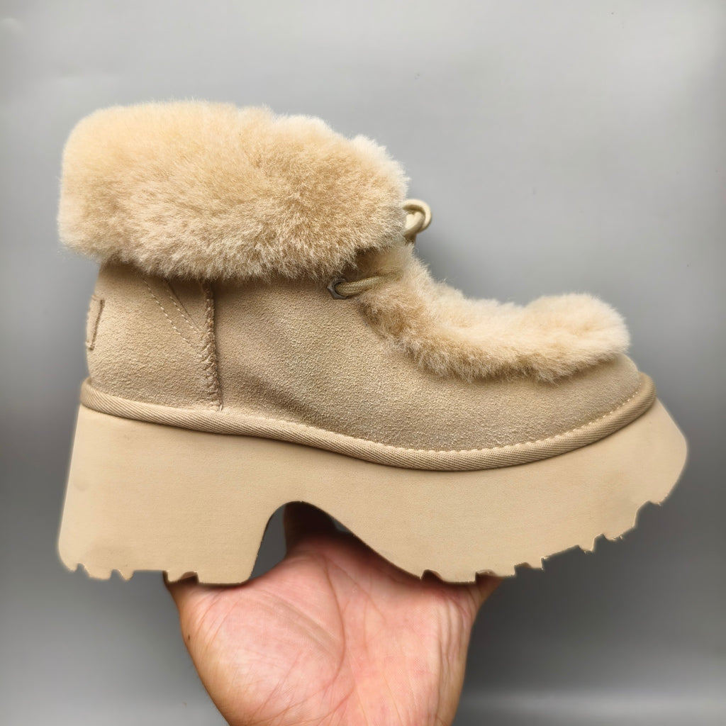 Mustard Esme Wedge Ankle Boots – Fluffy Lace-Up Style | In Stock