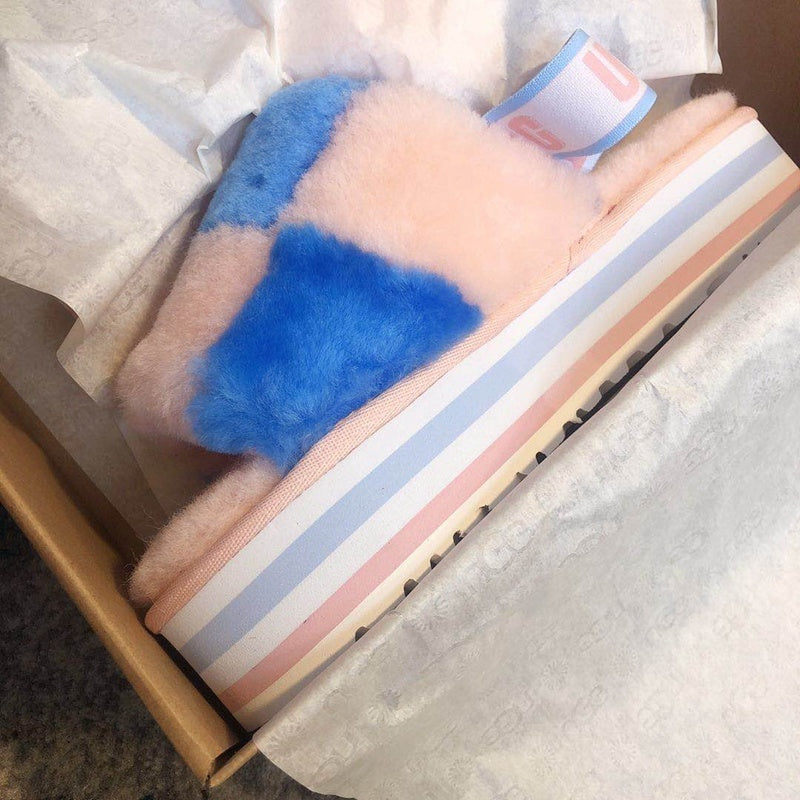 Pink Color-Block Fluffy Platform Sandals – In Stock