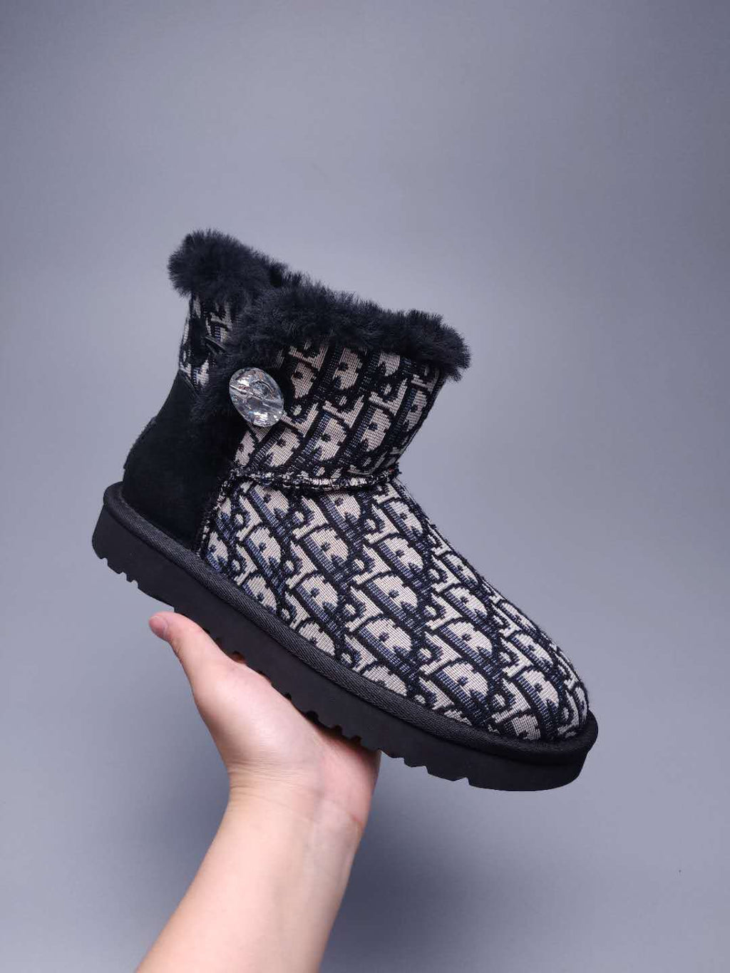 Black Dior-Style Textile Pattern Boots – In Stock
