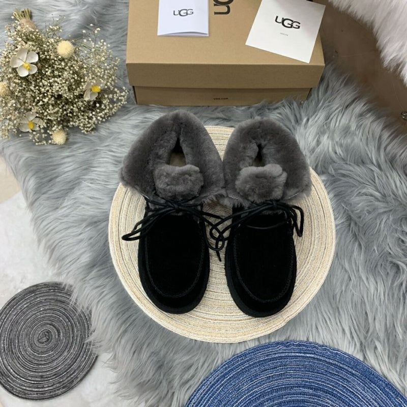 Black Faux Fur Lace-Up Ankle Boots – In Stock