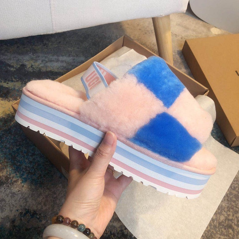 Pink Color-Block Fluffy Platform Sandals – In Stock