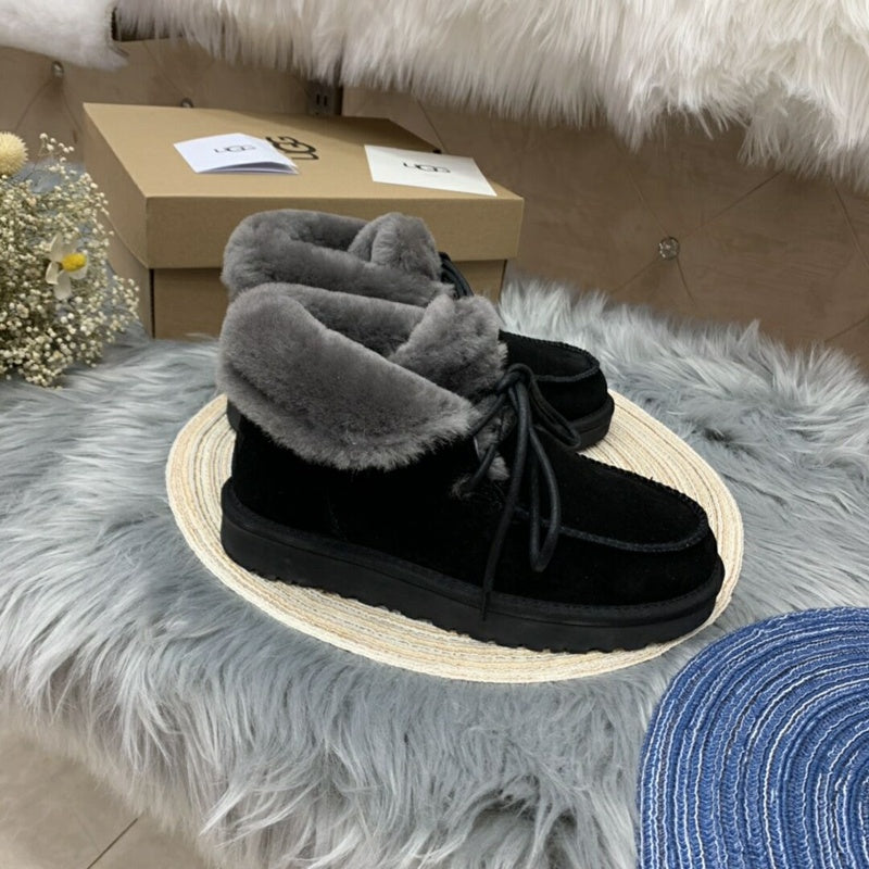 Black Faux Fur Lace-Up Ankle Boots – In Stock