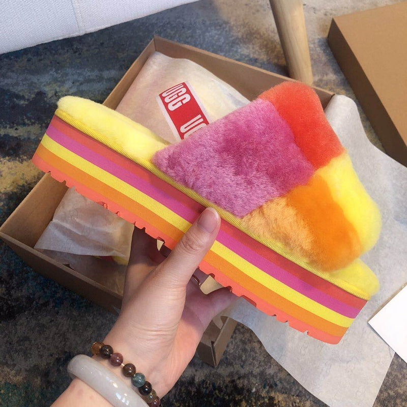 Yellow Color-Block Fluffy Platform Sandals – In Stock