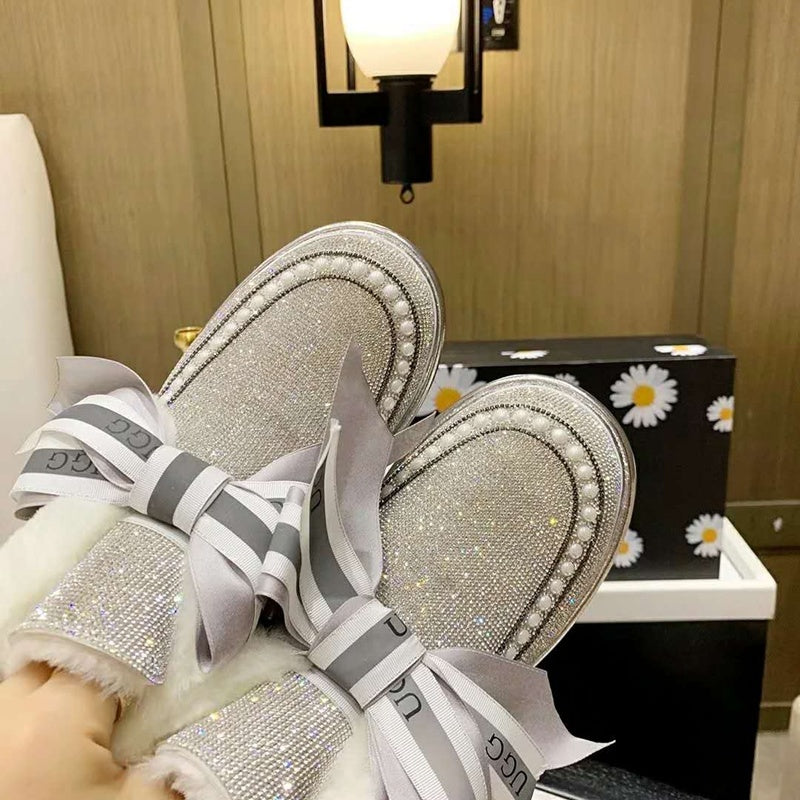 Silver Daisy Crystal Ribbon Shoes – In Stock