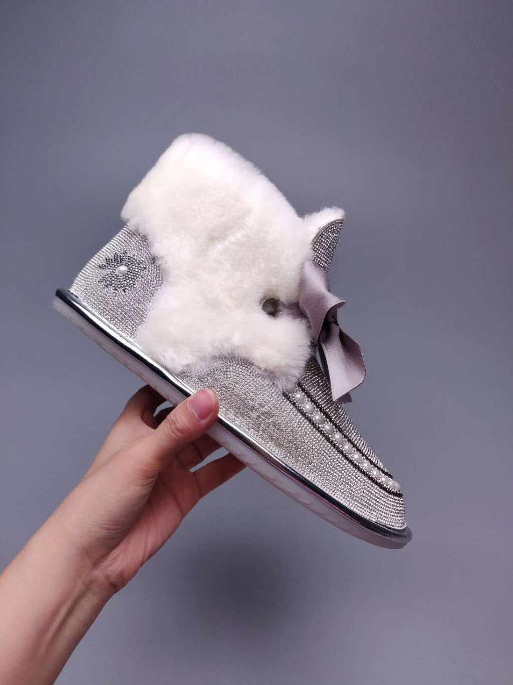 Silver Daisy Crystal Ribbon Shoes – In Stock