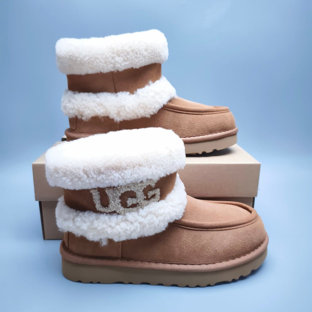 Chestnut Curly Fur Big Logo Mid-Top Trendy Boots – In Stock