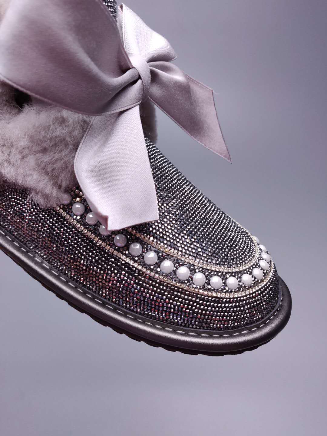 Mineral Grey Daisy Crystal Ribbon Shoes – In Stock
