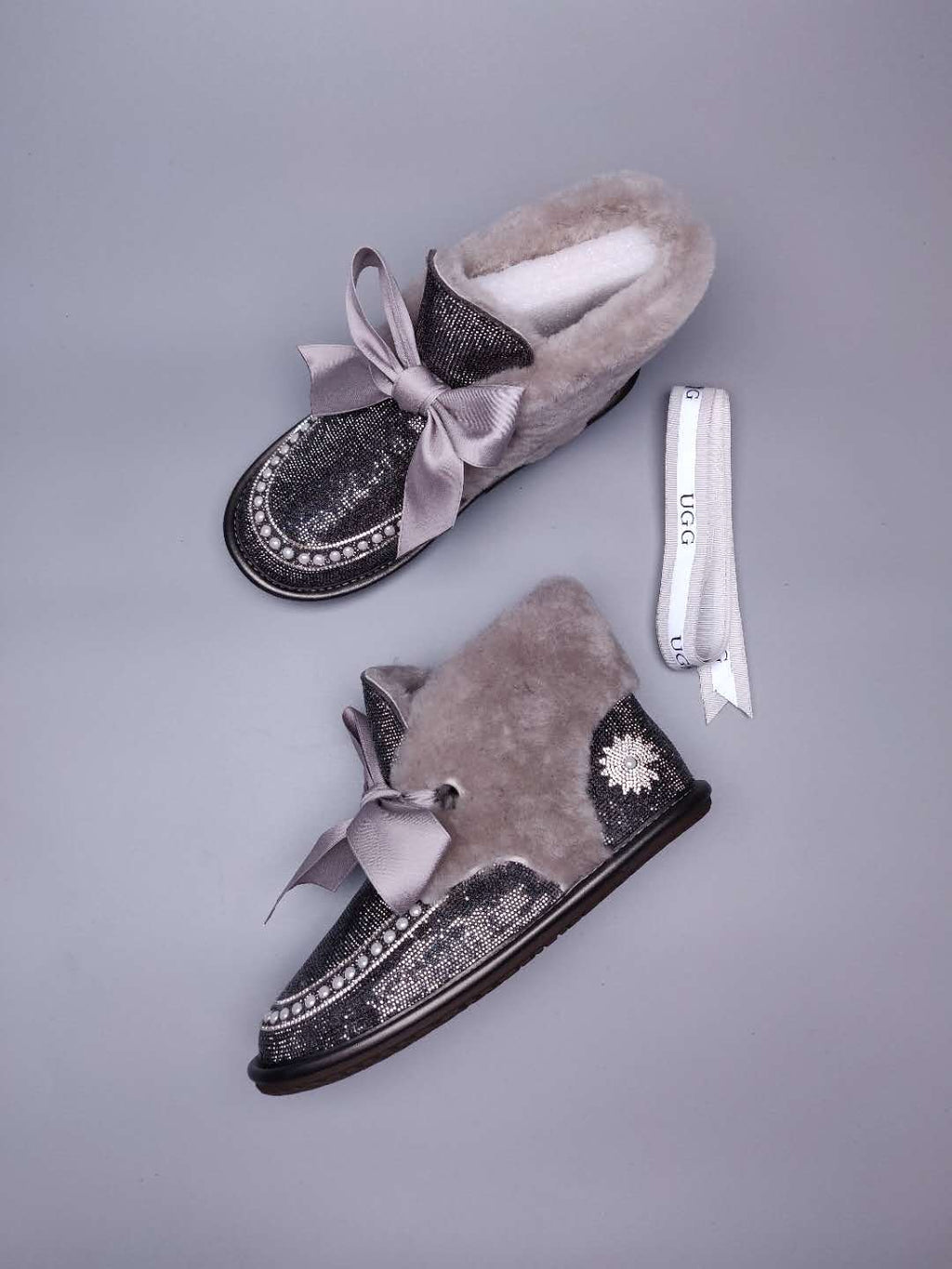 Mineral Grey Daisy Crystal Ribbon Shoes – In Stock