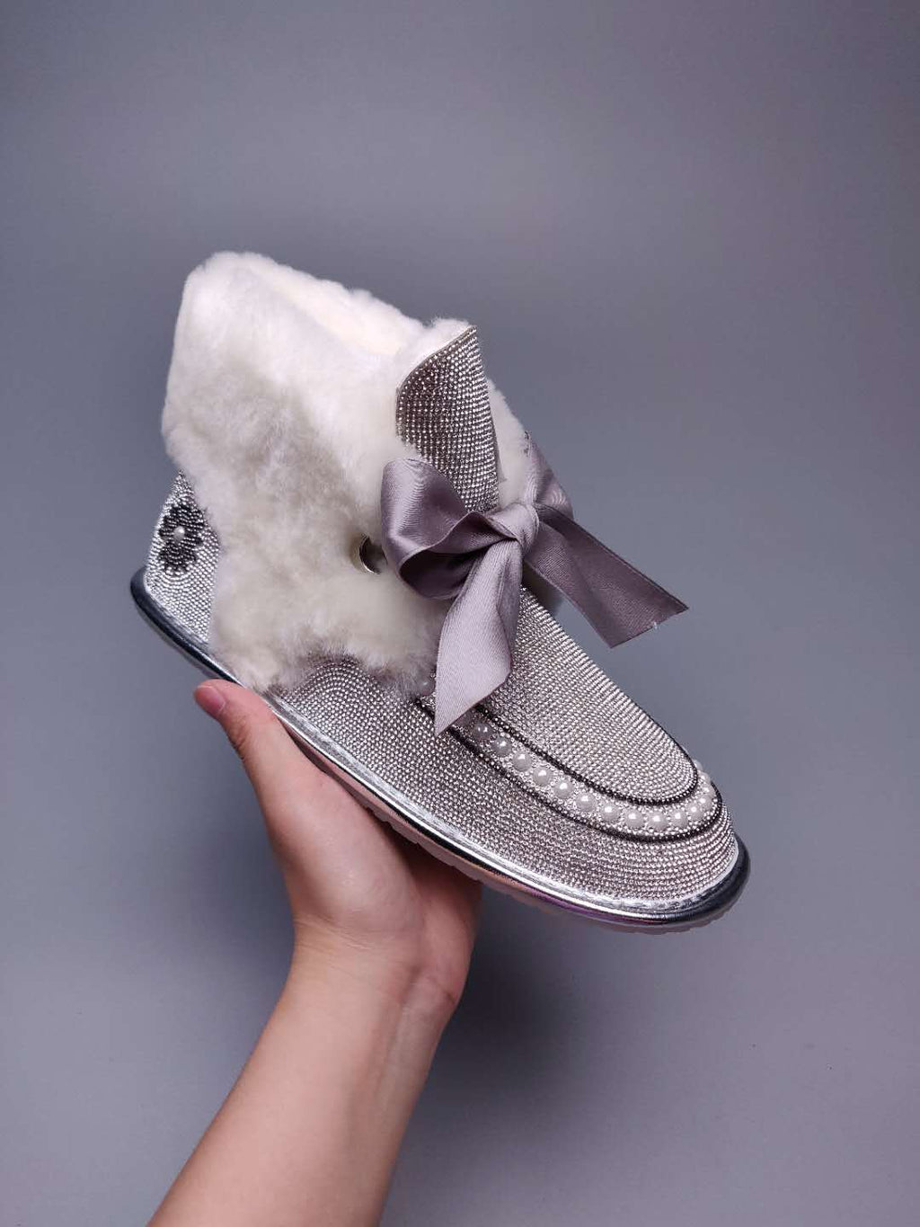 Silver Daisy Crystal Ribbon Shoes – In Stock