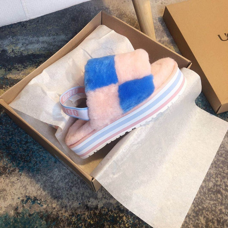 Pink Color-Block Fluffy Platform Sandals – In Stock