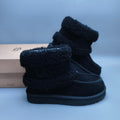 Black Curly Fur Big Logo Mid-Top Trendy Boots – In Stock