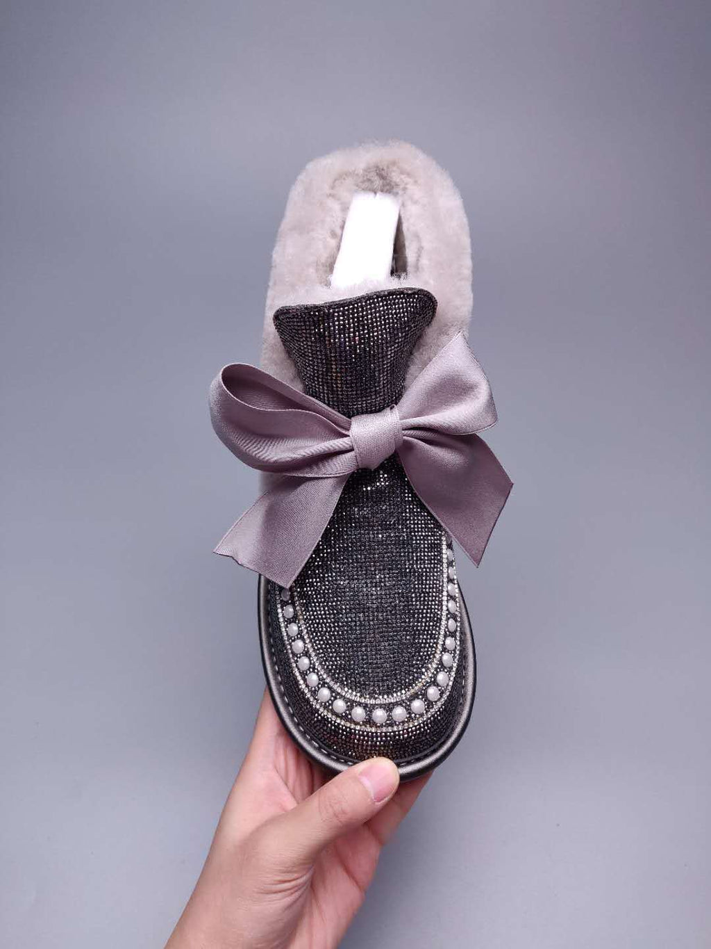 Mineral Grey Daisy Crystal Ribbon Shoes – In Stock