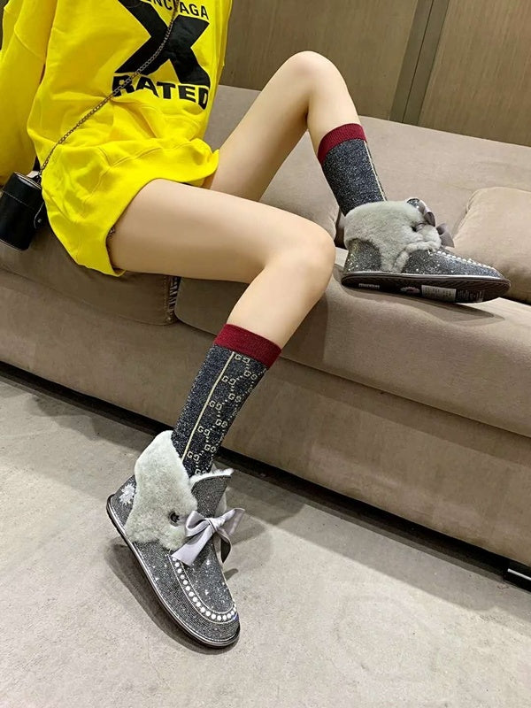 Mineral Grey Daisy Crystal Ribbon Shoes – In Stock