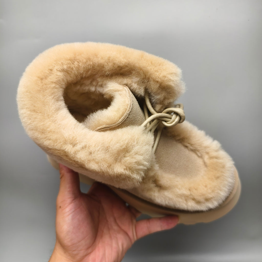 Mustard Esme Wedge Ankle Boots – Fluffy Lace-Up Style | In Stock