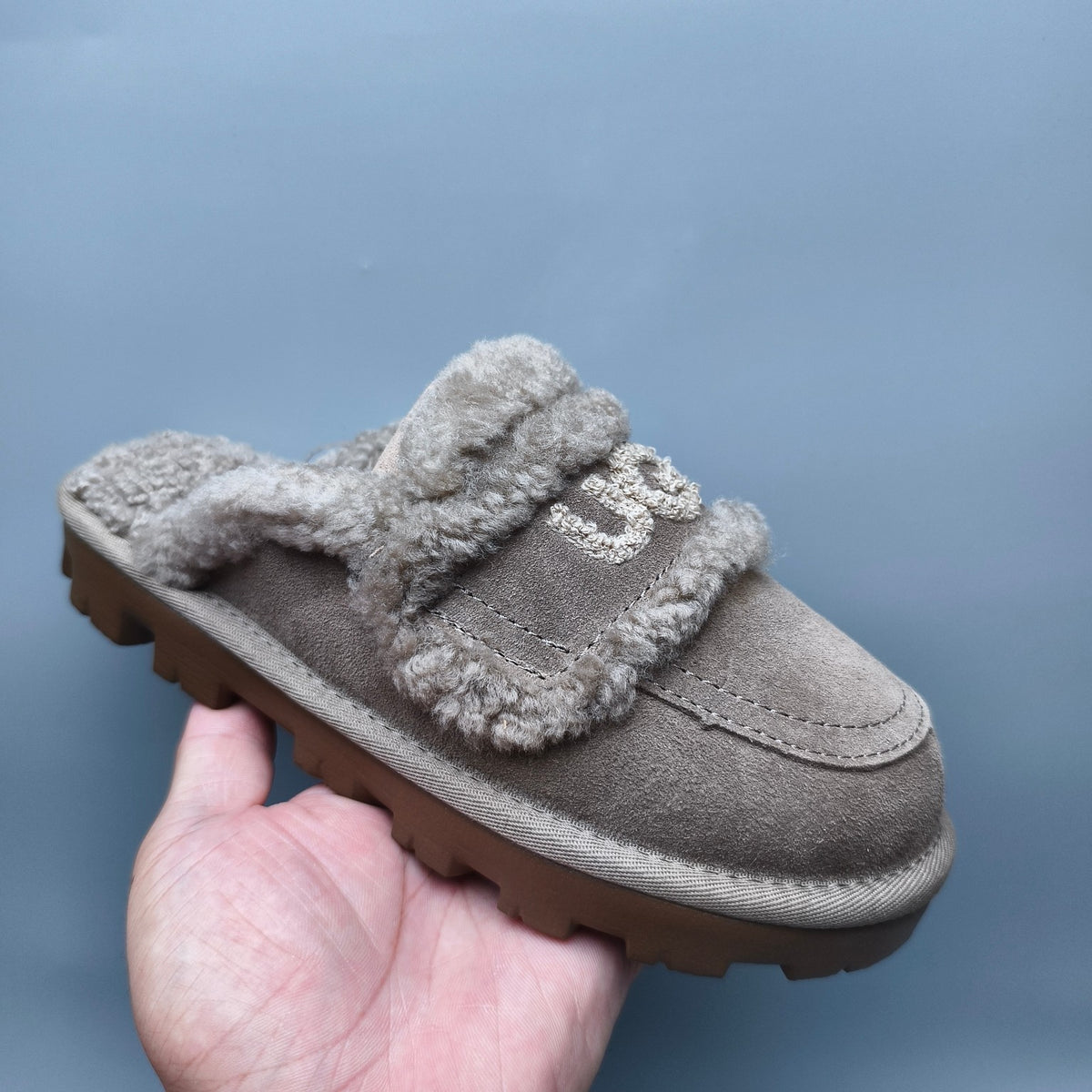 Antelope Brown Curly Fur Big Logo Casual Slippers