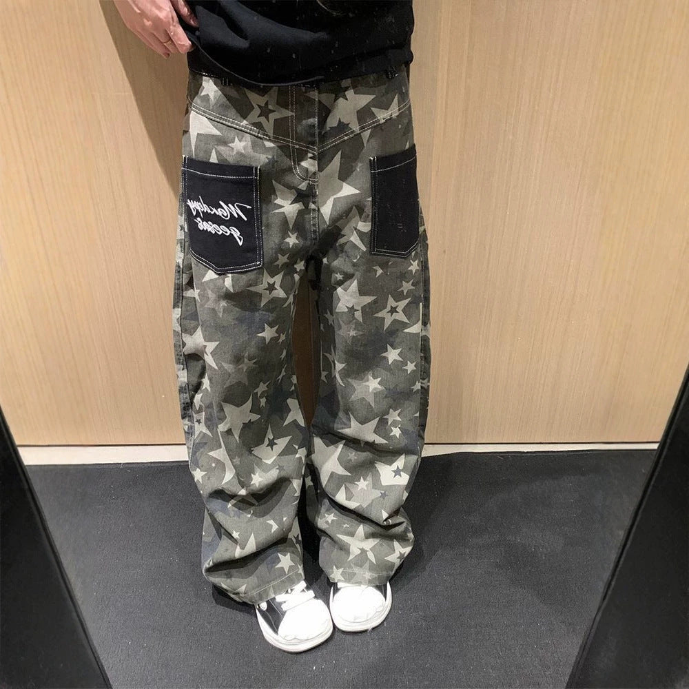Camouflage Star Print Curved Baggy Wide Leg Washed Denim Jeans