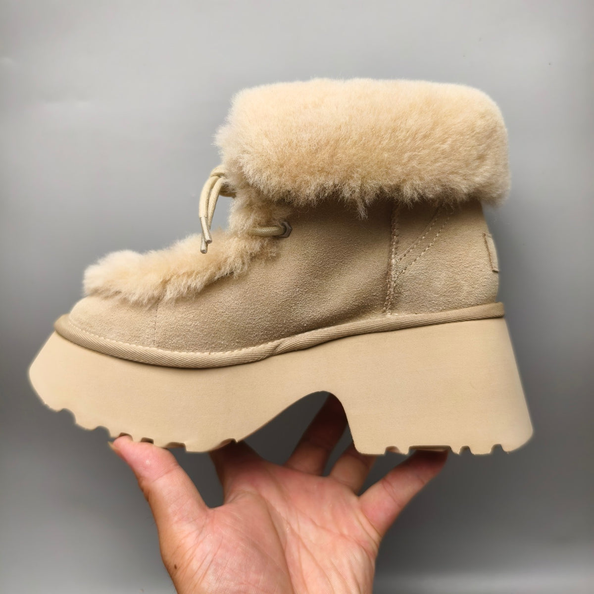 Mustard Esme Wedge Ankle Boots – Fluffy Lace-Up Style | In Stock