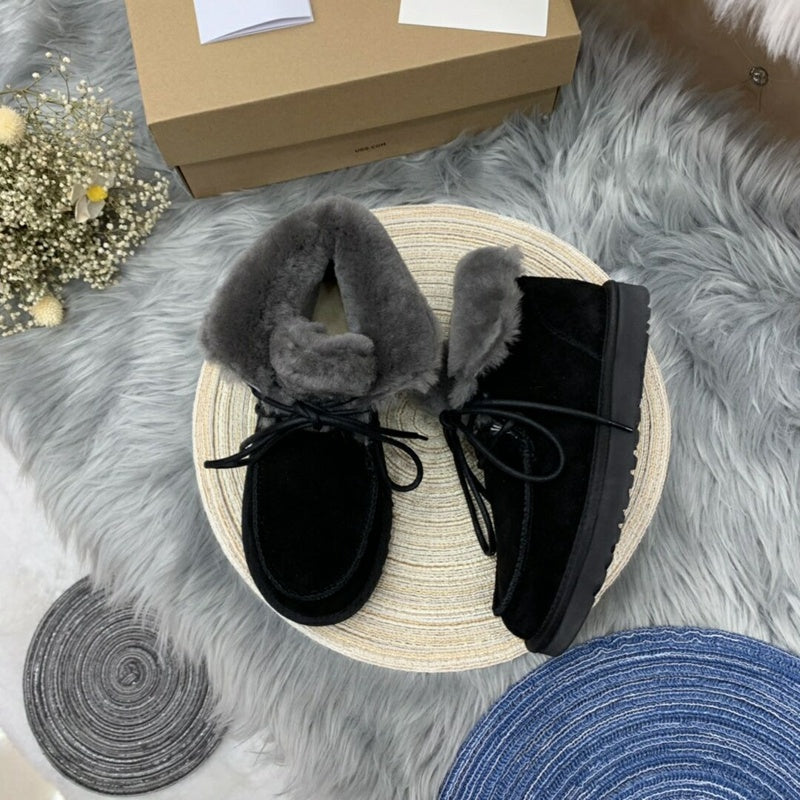 Black Faux Fur Lace-Up Ankle Boots – In Stock