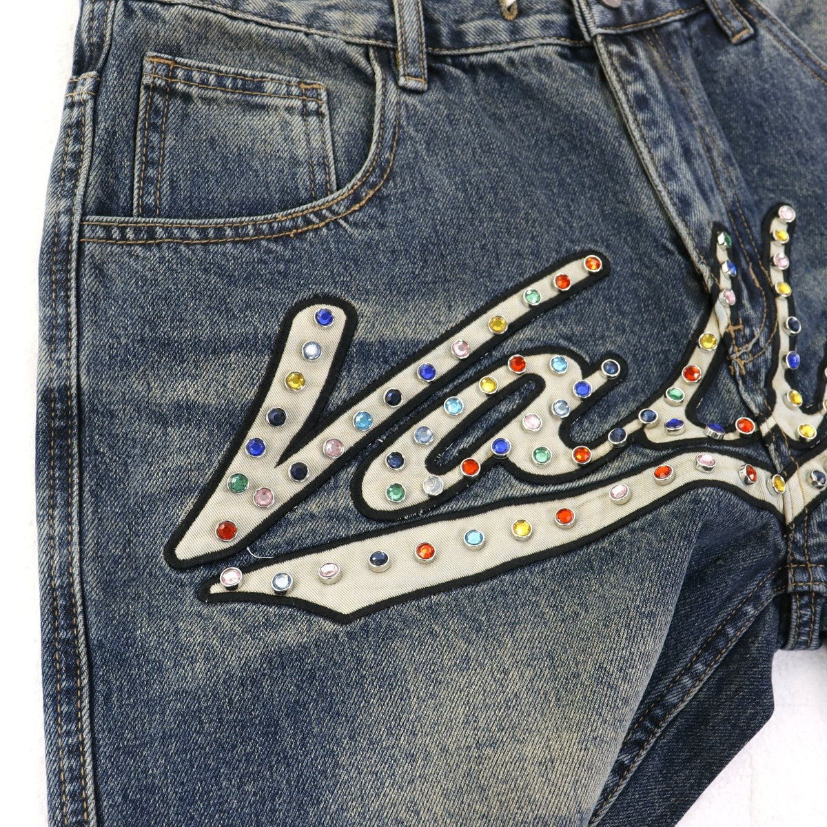 VALE Skittle Graphic Washed Denim Shorts