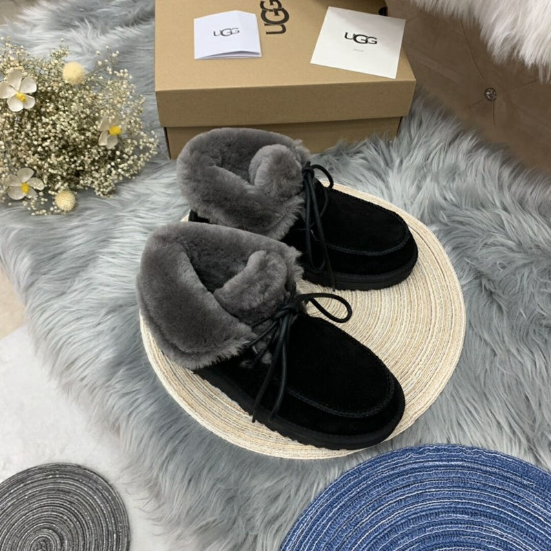 Black Faux Fur Lace-Up Ankle Boots – In Stock