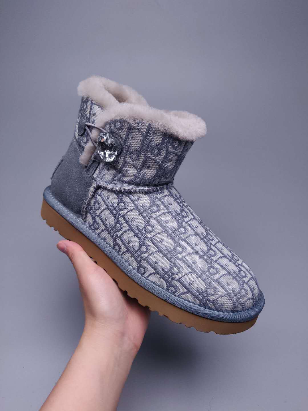 Grey Dior-Style Textile Pattern Boots – In Stock
