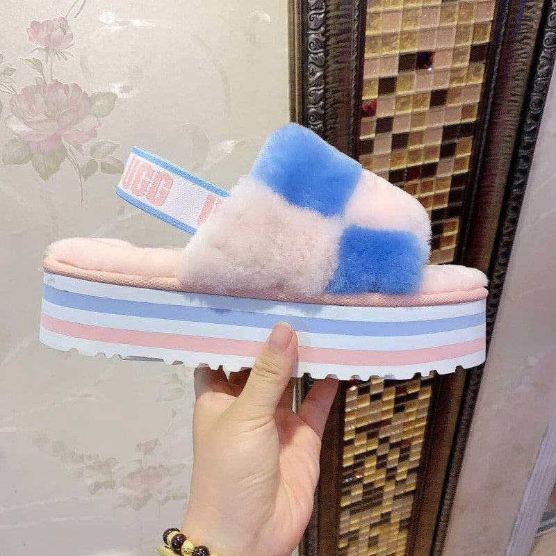 Pink Color-Block Fluffy Platform Sandals – In Stock